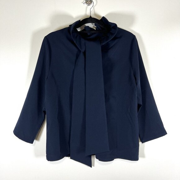 Tuckernuck NEW Navy Faye Preppy Bow Ruffle‎ Collar 3/4 Sleeve Blouse Size Large - Picture 5 of 10